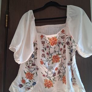 SHEIN White Blouse with Colorful Floral Embroidery